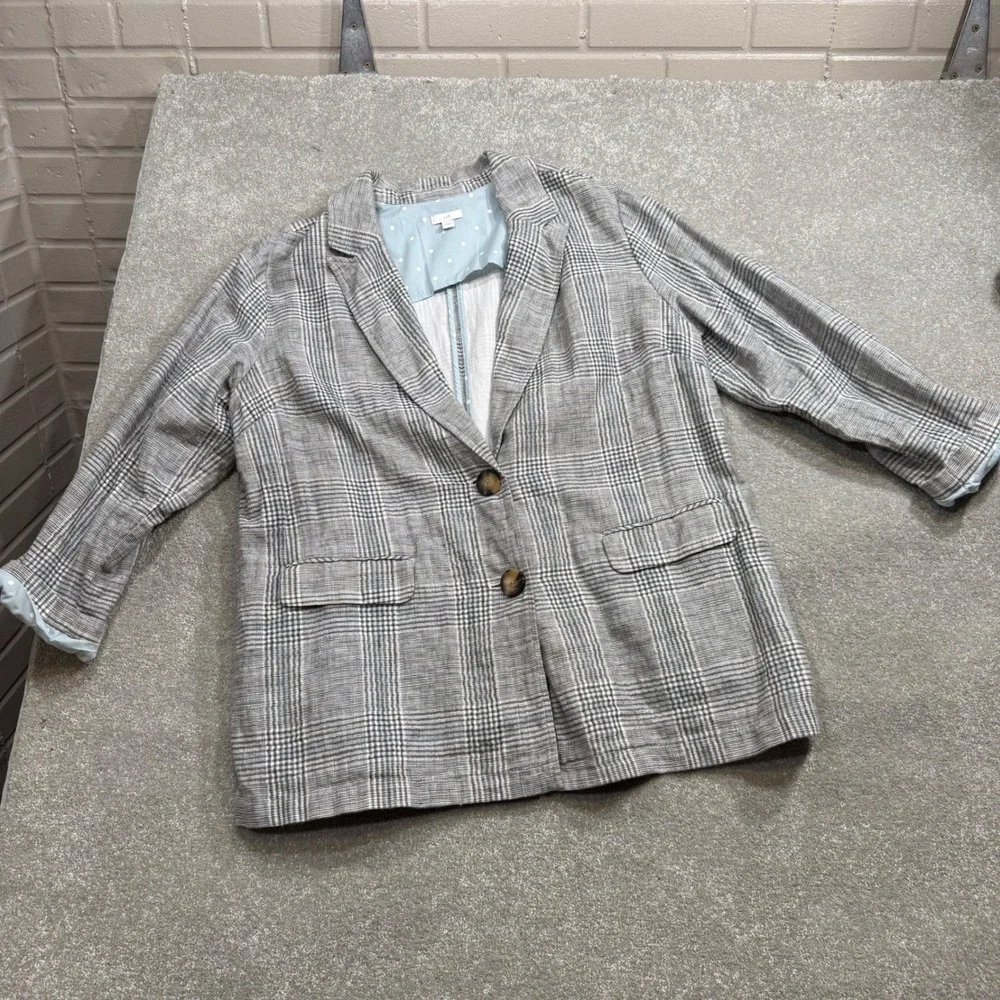 J‎ Jill Love Linen Blazer Plaid Longline Womens Lrg Boyfriend Fit Blue Academia